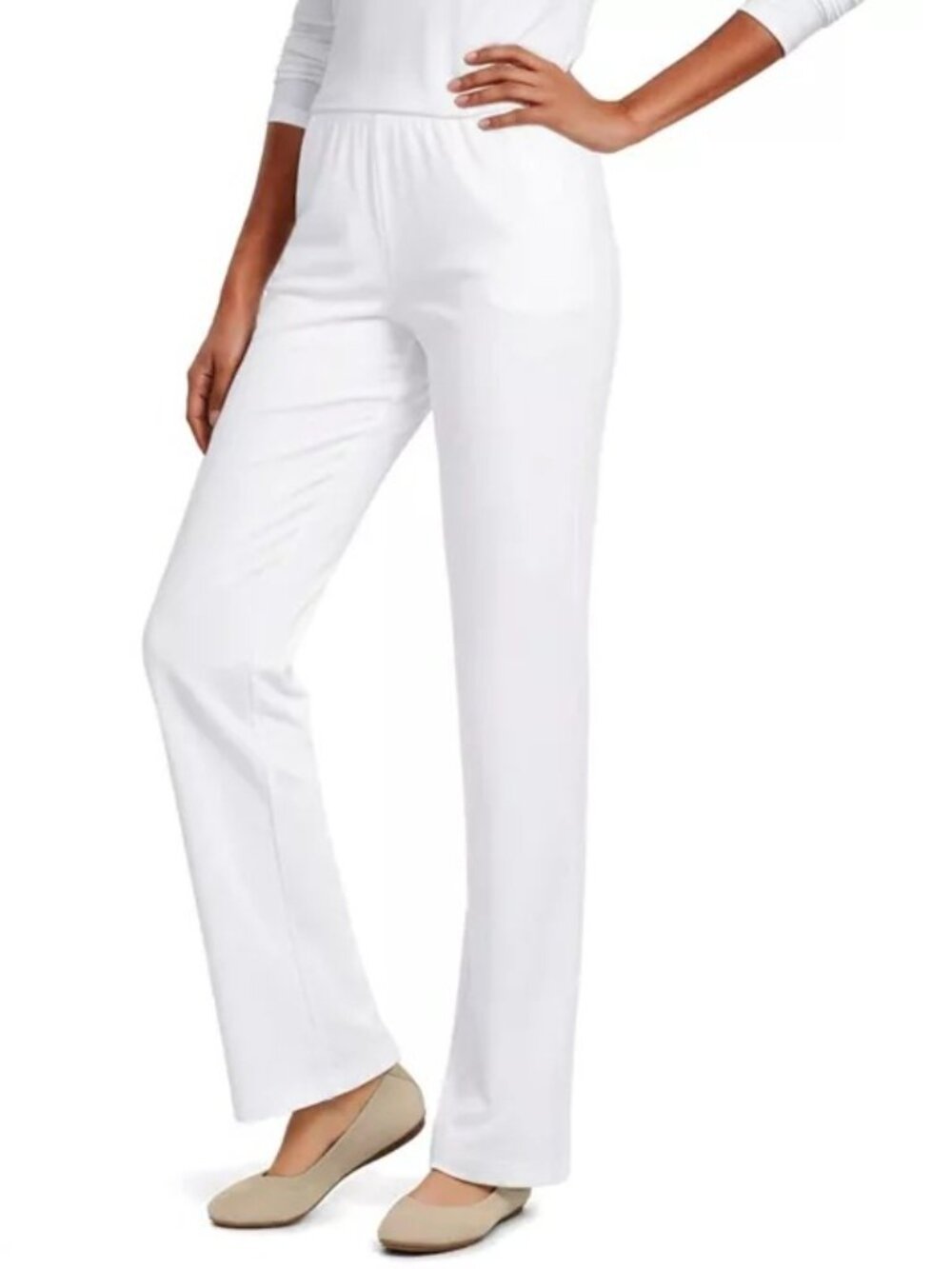 2/$30 Lands' End Sport Knit High Rise Elastic Waist Pull On Pant White 1X #A2990